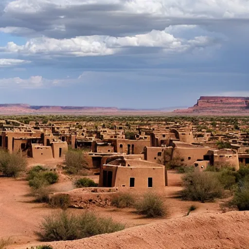 Image similar to A village of mud and bricks houses perched on top a wide mesa, in the Arizona desert. Scenic view, trending on 500px