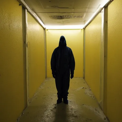 Image similar to a man wearing a yellow hazmat suit inside the very dark empty unsettling creepy backrooms, liminal space, flickering fluorescent lights, eerie mood