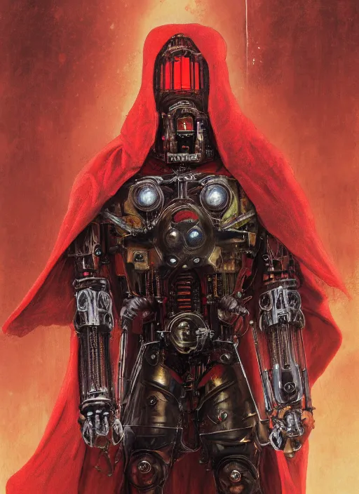 Prompt: portrait of human head adeptus mechanicus in red hood and robe from Warhammer 40000. Highly detailed, artstation, illustration by and John Blanche and zdislav beksinski and wayne barlowe