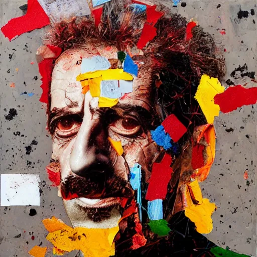 Image similar to hyperrealistic, photorealistic, mixed media oil painting of frank zappa, magazine scraps, plaster, blood, oil, mustard, cigarettes, splatter, trending on artstation, award - winning painting, greg rutkowski, basquiat, david lynch, ralph steadman, terry gilliam