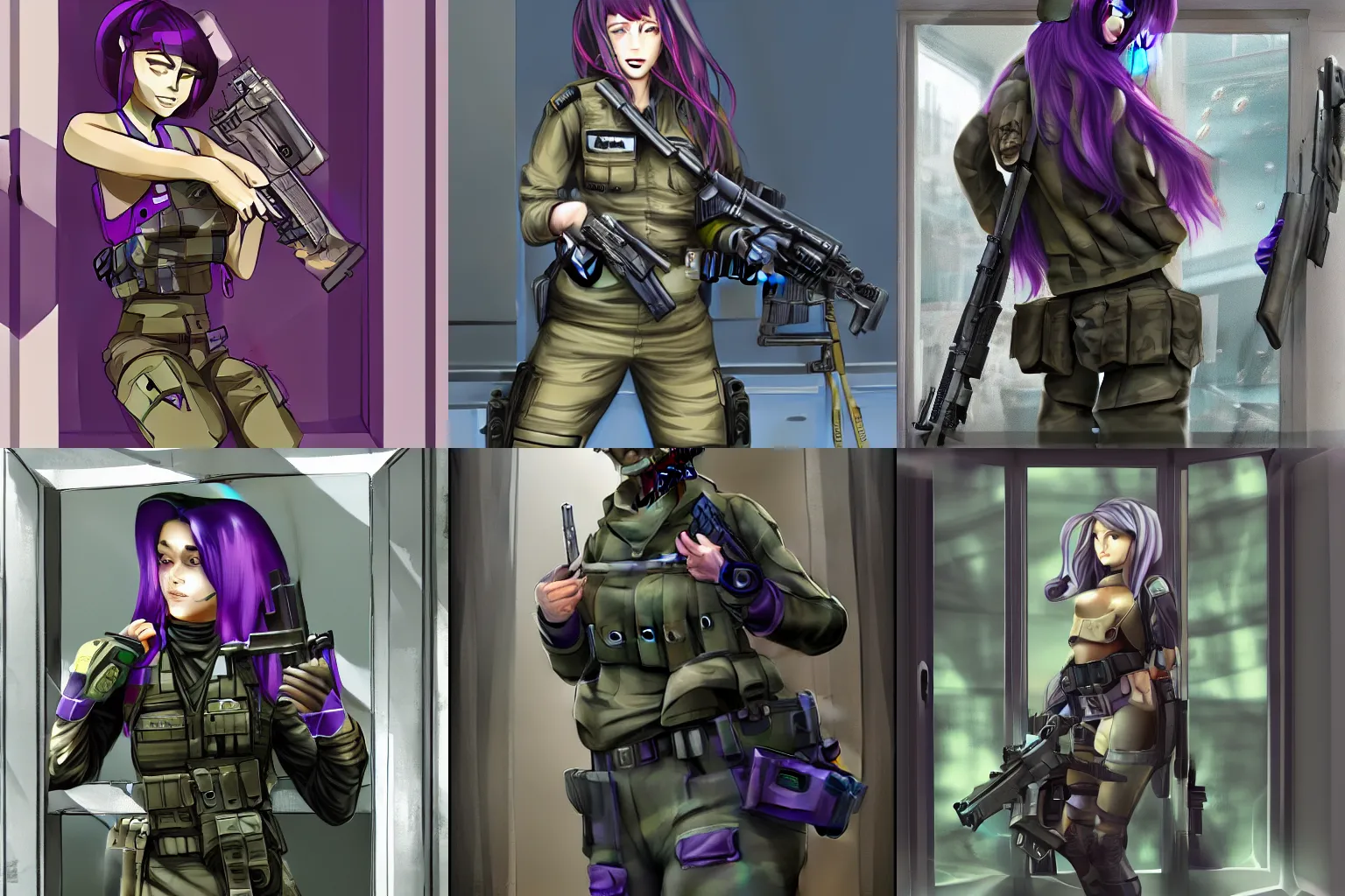 Prompt: Android Military Policewoman with long purple hair and camoflauging dermal implants carrying a submachinegun and diving through a window, artstation, realism, anime