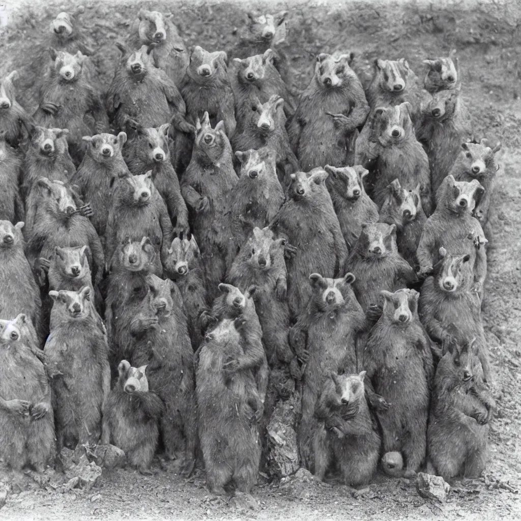 Image similar to a group of badgers with badger faces, in 1 9 4 0 s suits, standing upright like people, anthropomorphic, style of beatrix potter, digging at sutton hoo, their faces are badger's faces, rendered as a highly detailed black & white photograph