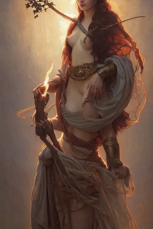 Image similar to Ana de Armas, druid, cleric, flame spell, D&D, fantasy, intricate, cinematic lighting, highly detailed, beautiful, digital painting, artstation, masterpiece, concept art, smooth, sharp focus, illustration, art by Artgerm and Greg Rutkowski and Alphonse Mucha and william-Adolphe Bouguereau