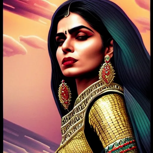 Image similar to portrait of a pakistani woman :: side profile :: blood :: background sea :: intricate details :: gold :: oxygen implant :: 8k :: MARVEL comics and Sandra Chevrier