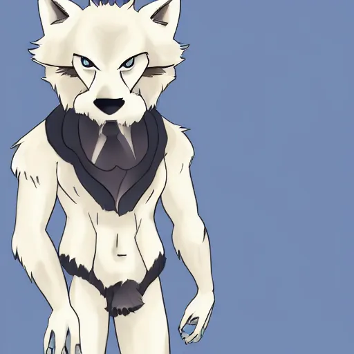 Image similar to anthropomorphic cream colored male wolf furry, posing for the camera, modern anime style