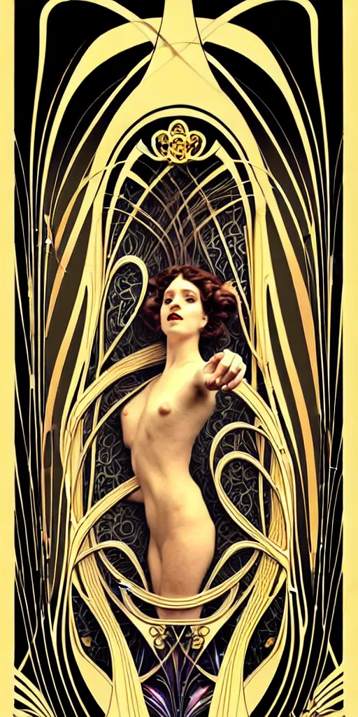 Prompt: the source of future growth dramatic, elaborate emotive Art Nouveau styles to emphasise beauty as a transcendental, seamless pattern, symmetrical, large motifs, hyper realistic, 8k image, 3D, supersharp, Art nouveau curves and swirls, metallic reflective surfaces, glittery iridescent and black colors with gold accents, perfect symmetry, iridescent, High Definition, sci-fi, Octane render in Maya and Houdini, light, shadows, reflections, photorealistic, masterpiece, smooth gradients, high contrast, no blur, sharp focus, photorealistic, insanely detailed and intricate, cinematic lighting, Octane render, epic scene, 8K