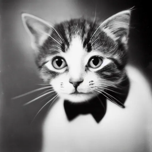 Image similar to a portrait photo of a kitten wearing a tuxedo by edward weston, auto graflex, 2 1 0 mm ƒ / 6 4 zeiss tessar, agfa isopan iso 2 5, pepper no. 3 5, 1 9 3 0, high quality photo, highly detailed, studio lighting, fine - art photography, tack sharp