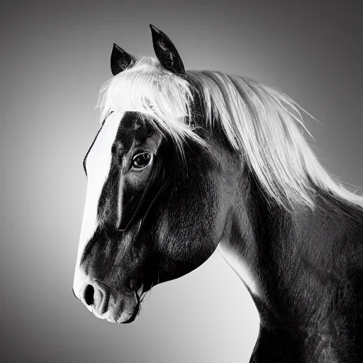 Image similar to beautiful professional black and white portrait photograph of lady gaga as a horse, hyperrealistic, studio lighting, stunning, 4 k