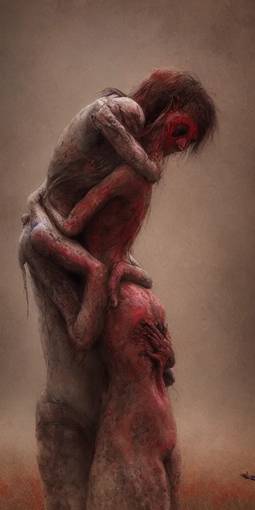 Prompt: death child and women hugging, in the style of keith thompson and zdzislaw beksinski, artstation hd, 8 k, surrealistic digital artwork, post apocalyptic street