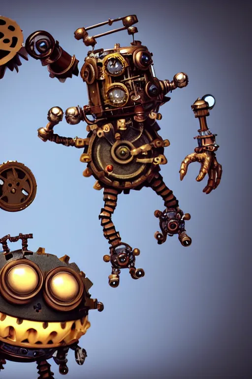 Prompt: a tiny cute steampunk monster with a central cog and tools, screws and big shiny glass eyes smiling and waving, isolated on white background, 3d occlusion, ultra hd, character design by Hayao Miyazaki and dave mckean, unreal 5, vray render, cinematic lighting, vibrancy