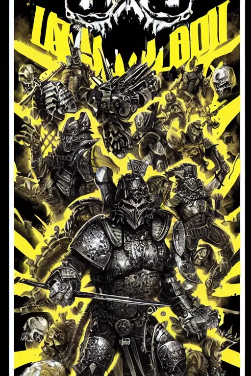 Prompt: an armored barbarian, loaded with weapons and animal skulls, horror sci - fi black and yellow poster