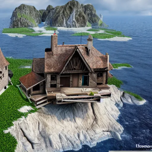 Prompt: house on the island rock, unreal engine, high detail, realism, award winning, detailed lighting, view above