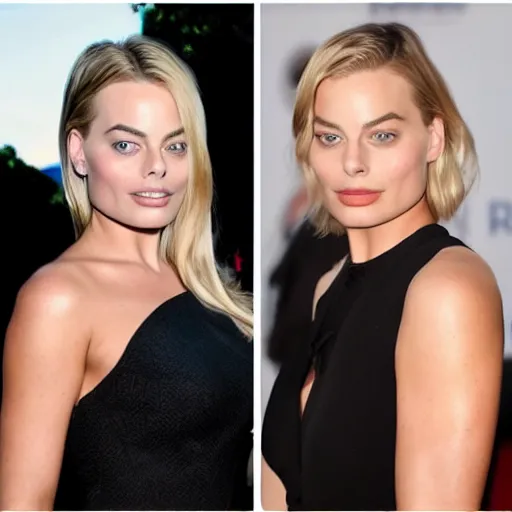 Image similar to before and after of margot robbie transformation to a man