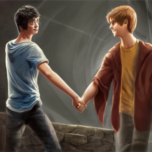 Image similar to Harry Potter and Percy Jackson shaking hands, digital art, art station, high quality, beautiful render, aesthetic