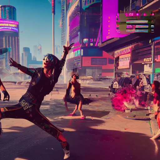 Image similar to Dancing hippies Cyberpunk 2077. CP2077. 3840 x 2160