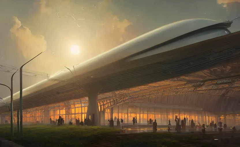 Image similar to exterior shot of utopian train station with cinematic lighting by zaha hadid and renzo piano, darek zabrocki and greg ruthkowski, alphonse mucha, simon stalenhag, cinematic, holy place, paradise, scifi, futurism, atmospheric, sunset, concept art, artstation, trending on artstation