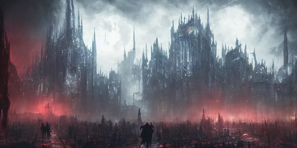 Image similar to a huge crowded megacity in the style of bloodborne, dark souls, demon souls, gothic art, dark fantasy, concept art, digital painting, volumetric lighting, trending on art station, night time, moon light, god rays, highly detailed