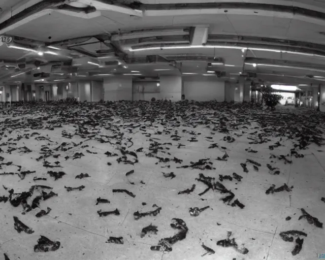 Prompt: camera footage of a Hundreds of Zerg with rabies in an abandoned shopping mall, high exposure, dark, monochrome, camera, grainy, CCTV, security camera footage, timestamp, zoomed in, fish-eye lens, Nightmare Fuel, Aliens, Evil, Zerg, Brood Spreading, Motion Blur, Hive, horrifying, lunging at camera :4