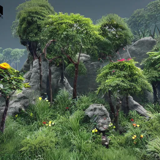 Image similar to « group persons, dark jungle, far view, unreal engine 5, highly detailed, exploring, pretty flowers, »