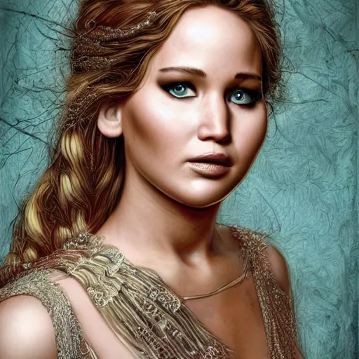 Image similar to An extremely ornate portrait of a Jennifer Lawrence, ultradetailed, intricate, elegant, digital art painting, smooth, sharp focus, magazine art cover illustration, regal, award winning picture, extremely detailed masterpiece, sense of awe, featured on Artstation, Artgerm, magic the gathering, mtg, D&D, dungeons and dragons,8K detail post-processing.