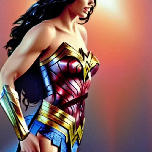 Image similar to A wide angle shot of Gal Gadot as Wonder Woman with athletic body, painting by Alex Ross