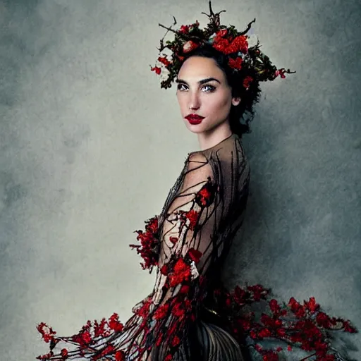 Prompt: full body fine art photo of the beauty gal gadot, she has a crown and a dress made of dried roses done by oleg oprisco