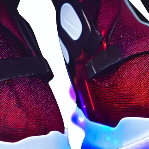 Prompt: close up product still of The New metallic Ironman Nike sneakers with glowing arc reactor swoosh, 4k