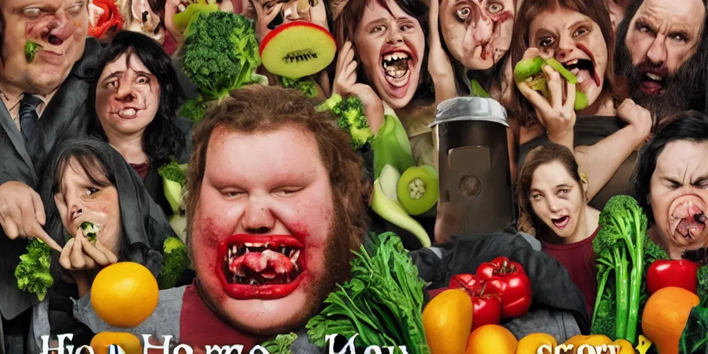 Image similar to a horror movie poster featuring huge fat people eating fruits and vegetables