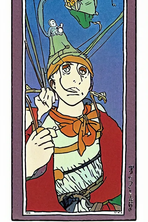 Image similar to the fool tarot card as drawn by studio ghibli, whole card, white frame