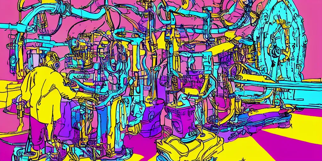 Prompt: colorful illustration of a mad scientist's machine