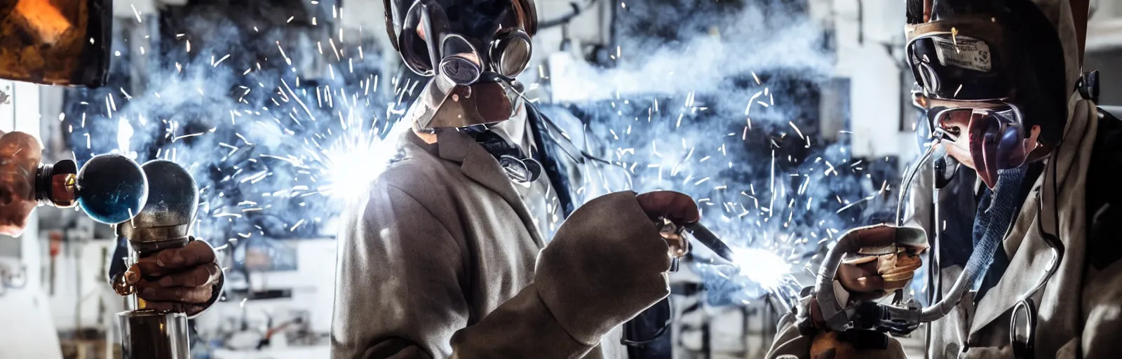 Prompt: closeup shot of doctor with an angry face holding a a round metallic grenade next to an obvious oxygen tank, like one use for welding