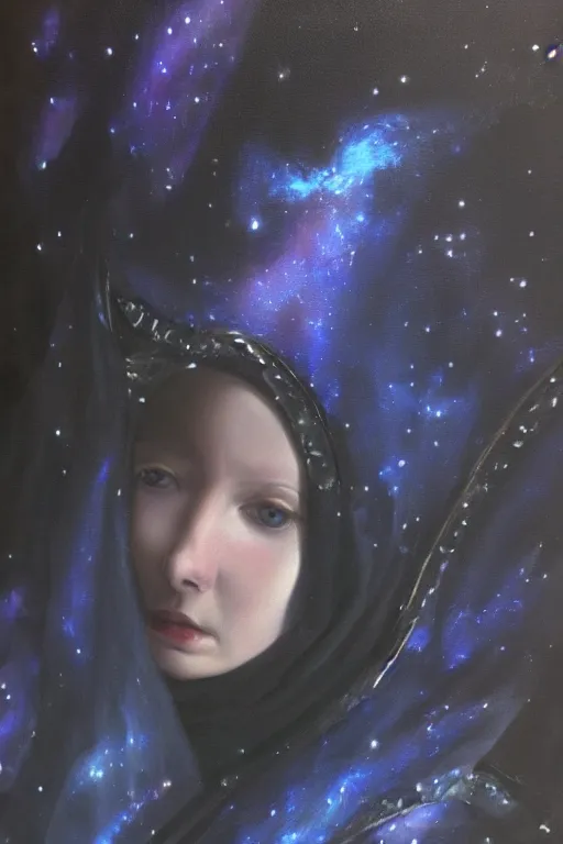 Image similar to hyperrealism oil painting, close - up portrait of albino medieval fashion model, black silk, steel gradient mixed with nebula sky, in style of baroque