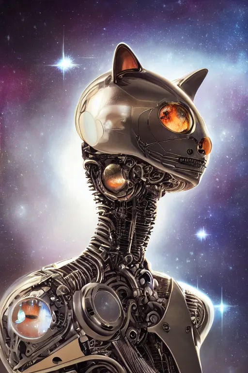 Image similar to a beautiful ultradetailed fine art photo of a futuristic cybernetic cyborg cat against galactic space, by tom bagshaw and natalie shau, portrait, 3 5 mm lens, golden ratio composition, detailed face, studio photography, very detailed, deep depth of field, humanoids, industrial robotic cats, artstation, 8 k, highly coherent