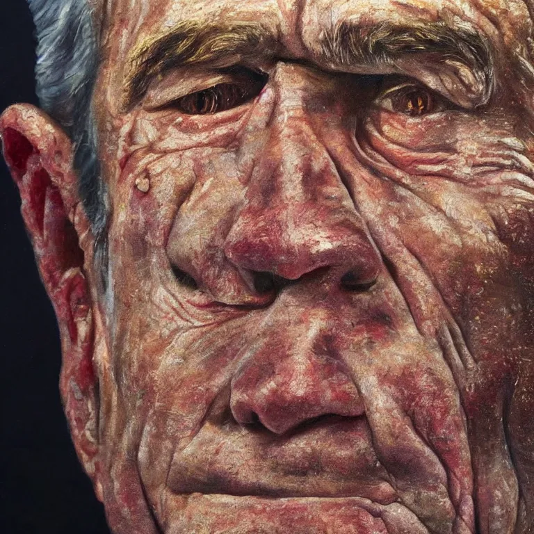 Prompt: hyperrealistic close up studio portrait of aging old George W Bush age 85 wrinkled weeping, oil painting by Ivan Albright and Lucian Freud and Ron Mueck, trending on artstation Studio lighting hyperrealism