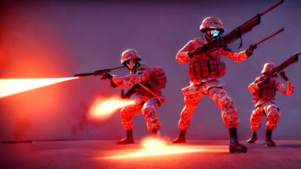 Image similar to two futuristic japanese soldiers firing away from the camera, eye catching composition, realistic, unreal engine 5, global illumination, detailed environment, bright colours, cinematic, atmosphere, 4 k