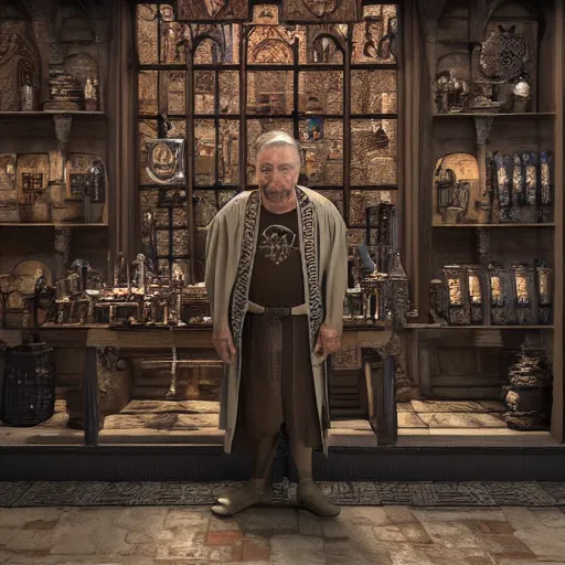 Image similar to full body portrait of Dennis hopper as a devious medieval lord standing on the right inside a big medieval Shop with tall windowpane, shelves full of medieval goods, morning light, trending on artstation, style of midjourney, unreal engine, octane render, intricate details, 8k high definition, beauriful, ornate, hyperrealistic