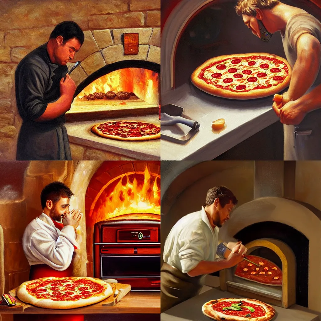Prompt: a cook putting a pizza salami in a stone oven in a restaurant, hyperdetailed picture, ultra realistic oil painting, warm colors, front view