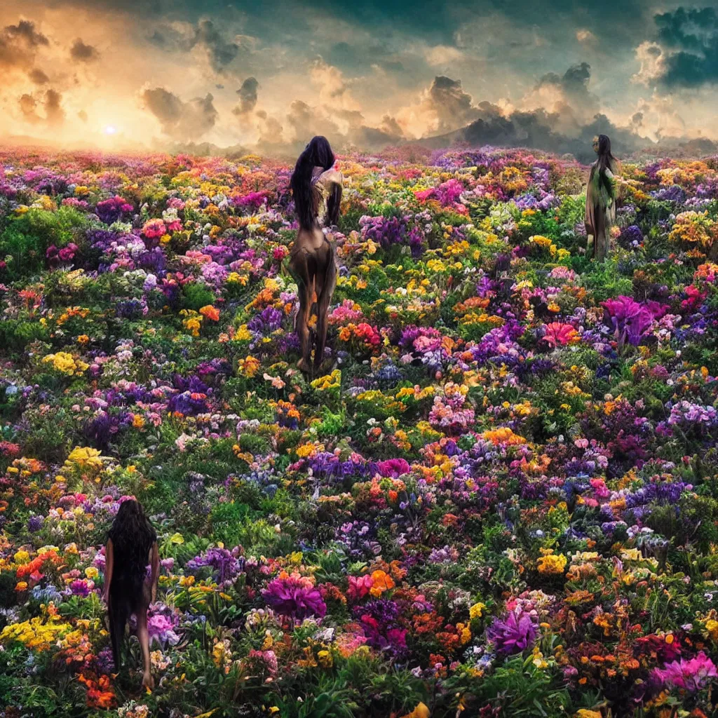 Image similar to a planet of various flowers, fungus and plants, in which the human figure is dressed in something magical and impressive, inside the picture is infinity, sunset light, Atmospheric phenomenon, artistic photography, muted colors, conceptual, long exposure outside the city