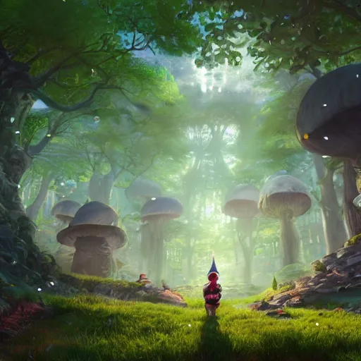 Prompt: An epic fantasy comic book style portrait painting of a highly populated gnome city under giant mushrooms and enormous trees, beautiful steamy subterranean gnome city, character design by Mark Ryden and Pixar and Hayao Miyazaki, unreal 5, DAZ, hyperrealistic, octane render, cosplay, RPG portrait, dynamic lighting, intricate detail, summer vibrance, cinematic