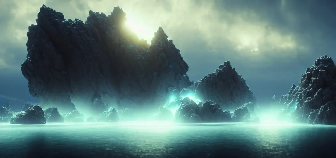 Image similar to octane render uhd, 8 k art photography, filmic lighting, cinematic art shot, hyperrealistic, hyperdetailed, super detailed, 8 k, high resolution, mysterious strangle glowing crystalline structure made of white rocks in the far distance, 8 k uhd matte painting by ross tran and ivan aivazovsky, black water, midnight