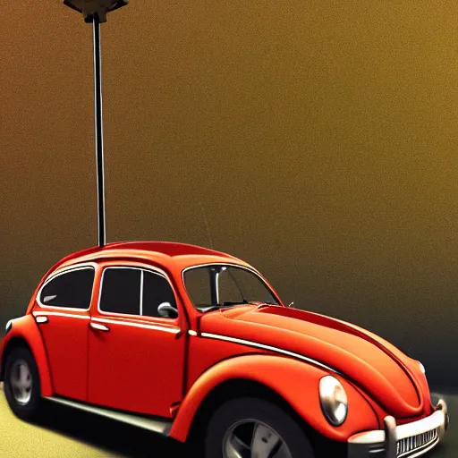 Image similar to red beetle car on top of a tall pole, digital art, photorealistic