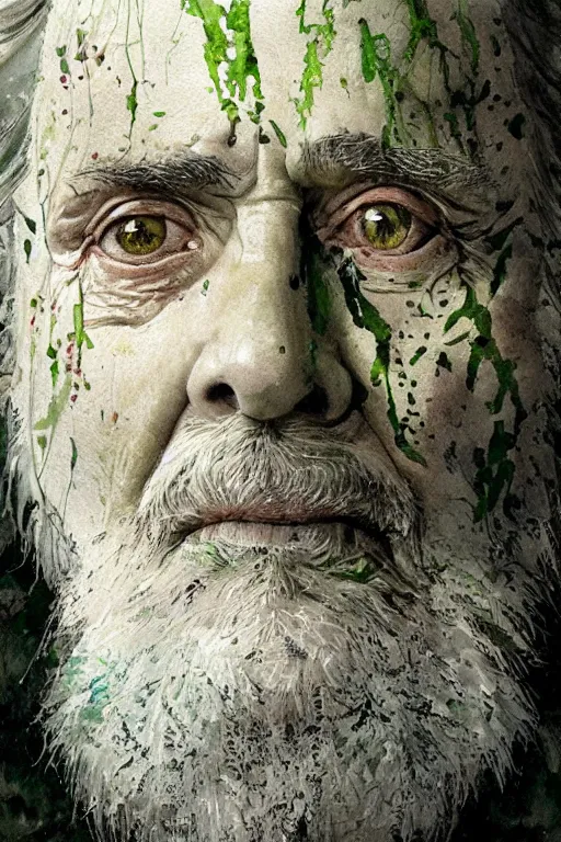 Prompt: portrait of hairy old man with aquarelle painted skin. close up. very dark black hair, green eyes. intricate dark flowers pattern in face and background, high detail, by greg rutkowski