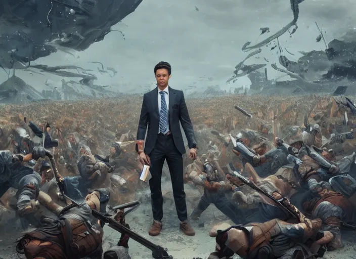 Image similar to epic cinematic action artwork of a man in his twenties with brown hair wearing a blue business suit and holding a briefcase standing defiantly in front of an army of warriors by Greg Rutkowski, 4k, masterpiece