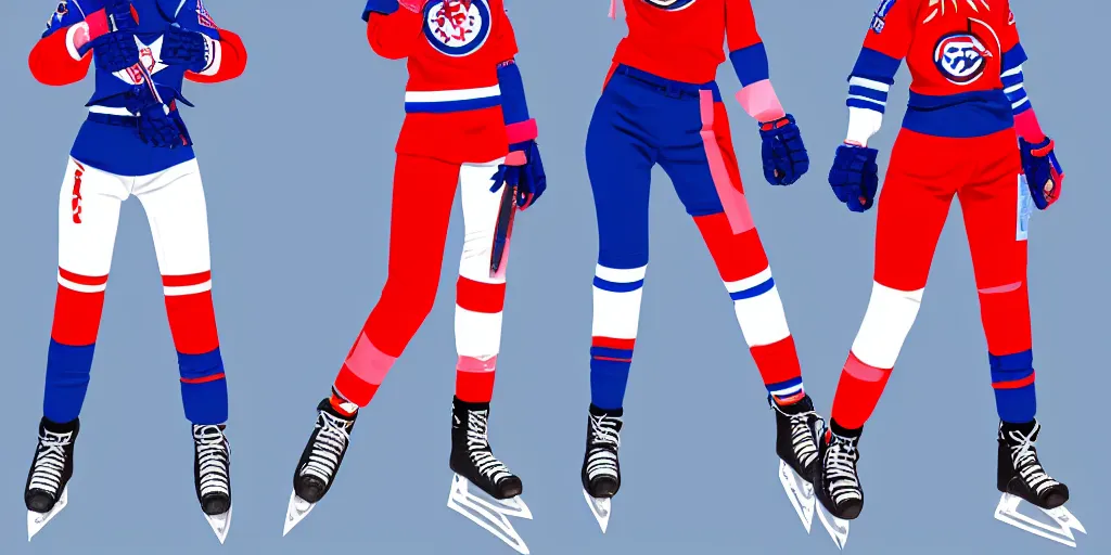 Image similar to females akira anime cyberpunk super star ice hockey players, wearing a light futuristic habs jersey, blue white and red color blocking, character concept exploration, outfit designs, trending on artstation, photorealistic, 8k