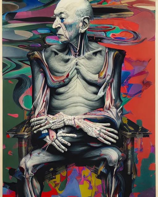 Image similar to decollage painting old struggling lord on a throne by adrian ghenie and takato yamamoto and edward hopper and mark ryden and tsutomu nihei, part by bridget riley, acrylic pour and splashing paint, very coherent, baroque elements, perfect anatomy, intricate design. pop art.