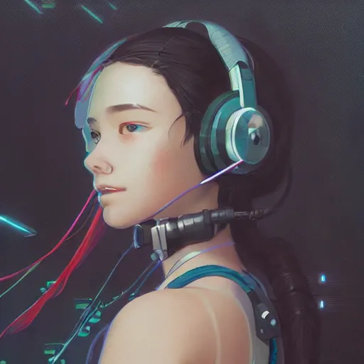 Prompt: cyberpunk girl with headset, with techware, intricate, elegant, highly detailed, digital painting, japanese, unreal engine 5, trending on artstation, concept art, studio ghibli, illustration, art by artgerm and greg rutkowski and alphonse mucha
