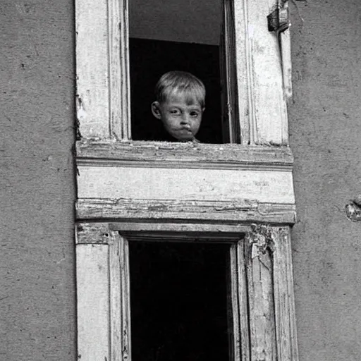 Image similar to an old photograph of a victorian child peering from a window in an abandoned mental asylum