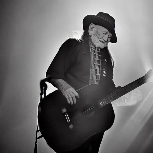 Image similar to willie nelson on stage, guitar. god rays through fog.