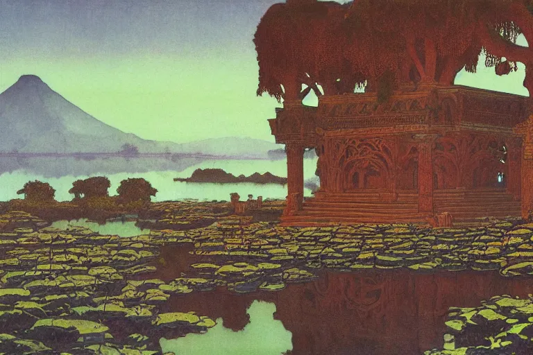 Image similar to ancient temple by a lake at dawn | by Edmund Dulac and Maxfield Parrish and Nicholas Roerich | ornate carvings| climbing vines| rich color | dramatic cinematic lighting | extremely clear and detailed