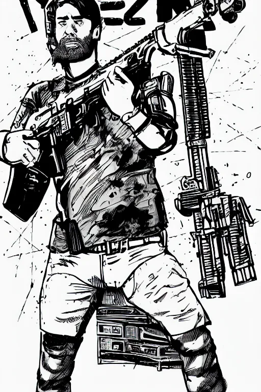 Image similar to billy mays holding a rifle, a page from cyberpunk 2 0 2 0, style of paolo parente, style of mike jackson, adam smasher, johnny silverhand, 1 9 9 0 s comic book style, white background, ink drawing, black and white, colouring pages